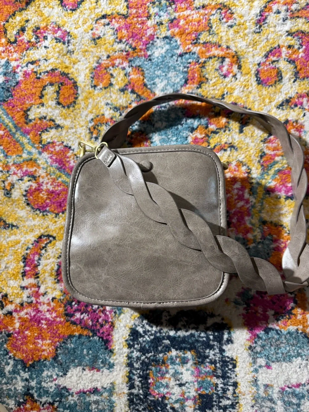 Anthropologie Metallic Taupe Faux-Leather Crossbody with Gold Snap